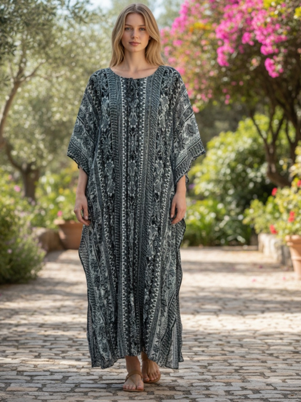 Vintage Bohemian Floral Print Kaftan - Black & Gray 1970’s